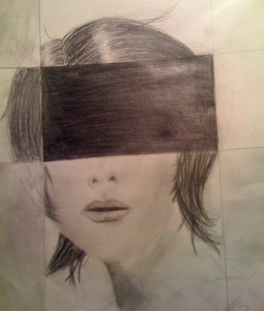 The block over the eyes is representative of the fact that she is beautiful and nothing more. :  : The Art of Madison Miller